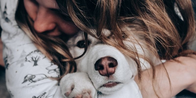 Pas nežno dodiruje ženu koja plače – simbol isceljenja kroz istinu i emociju.